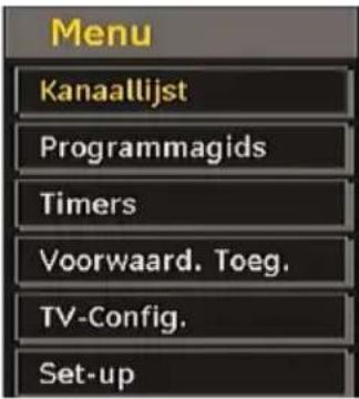 Menu Kanaallijst Programmagids Timers Voorwaard. Toeg. TV-Config. Set-up