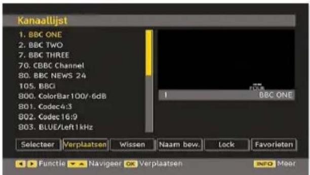 Kanaalijst 1. BBC ONE 2. BBC TWO 7. BBC THREE 70. CBBC Channel 80. BBC NEWS 24 105. BBCI 800. ColorBar 100/-6dB 801. Codec4:3 802. Codec16:9 803. BLUE/Left 1kHz Selecteer Verplaatsen Wissen Naarm bew. Lock Favorieten ▶ Functie ▼ Naviger OK Verplaatsen INFO Meer