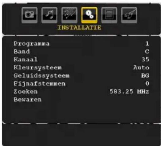 INSTALLATIE Programma 1 Band C Kanaal 35 Kleursysteem Auto Geluidssysteem BG Fijnafstemmen 0 Zoeken 583.25 MHz Bewaren