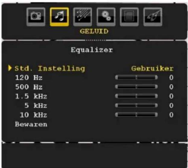 GELUID Equalizer ► Std. Instelling Gebruiker 120 Hz 0 500 Hz 0 1.5 kHz 0 5 kHz 0 10 kHz 0 Bewaren