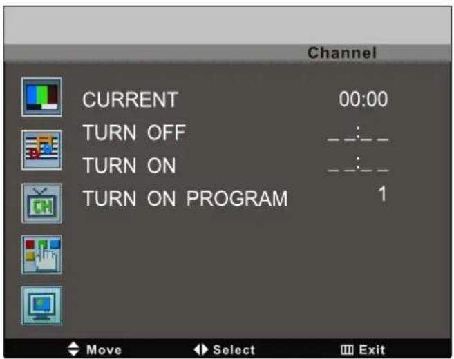 Channel CURRENT 00:00 TURN OFF -- TURN ON -- TURN ON PROGRAM 1 Move Select Exit