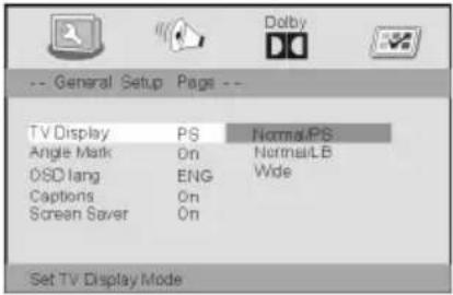 -- General Setup Page -- TV Display PS Normal/PS Angle Mark On Normal/LB OSD Lang ENG Wide Captions On Screen Saver On Set TV Display Mode