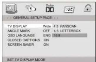 -- GENERAL SETUP PAGE -- TV DISPLAY Wide 4:3 PANSCAN ANGLE MARK OFF 4:3 LETTERBOX OSD LANGUAGE ENG 16:9 CLOSED CAPTIONS ON SCREEN SAVER ON SET TV DISPLAY MODE