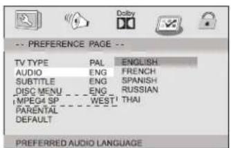 -- PREFERENCE PAGE -- TV TYPE PAL ENGLISH AUDIO ENG FRENCH SUBTITLE ENG SPANISH DISC MENU ENG RUSSIAN MPEG4 SP WEST THAI PARENTAL DEFAULT PREFERRED AUDIO LANGUAGE