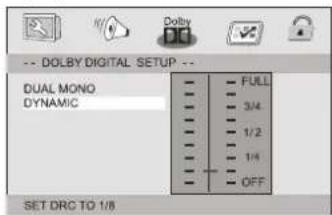 DOLBY DIGITAL SETUP -- DUAL MONO DYNAMIC FULL 3/4 1/2 1/4 OFF SET DRC TO 1/8