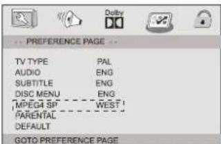 PREFERENCE PAGE TV TYPE PAL AUDIO ENG SUBTITLE ENG DISC MENU ENG MPEGI SP WEST PARENTAL DEFAULT GOTO PREFERENCE PAGE