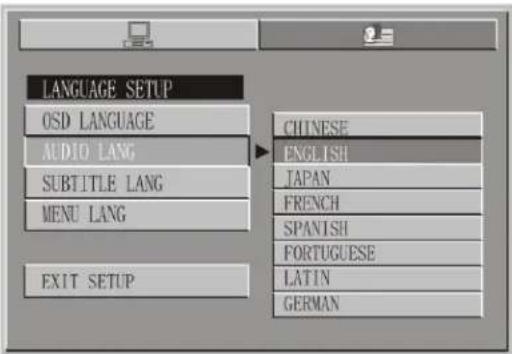 LANGUAGE SETUP OSD LANGUAGE AUDIO LANG SUBTITLE LANG MENU LANG EXIT SETUP CHINESE ENGLISH JAPAN FRENCH SPANISH FORTUGUESE LATIN GERMAN