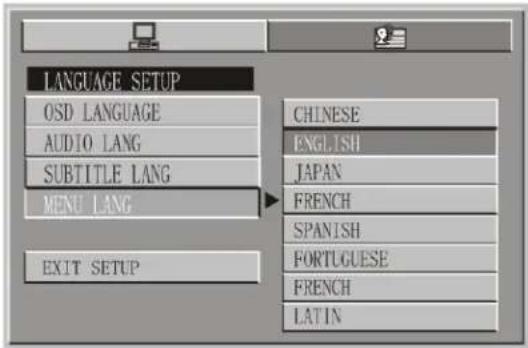 LANGUAGE SETUP OSD LANGUAGE AUDIO LANG SUBTITLE LANG MENU LANG EXIT SETUP CHINESE ENGLISH JAPAN FRENCH SPANISH FORTUGUESE FRENCH LATIN
