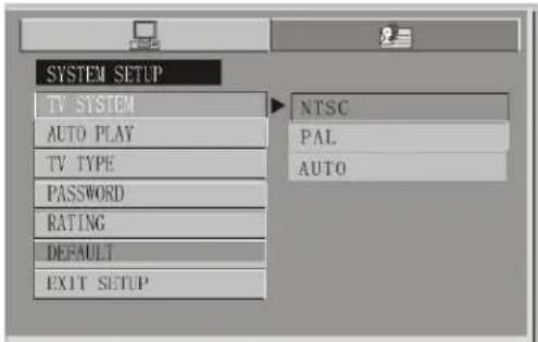 SYSTEM SETUP TV SYSTEM AUTO PLAY TV TYPE PASSWORD RATING DEFAULT EXIT SETUP NTSC PAL AUTO