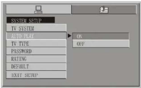 SYSTEM_SETUP TV SYSTEM AUTO PLAY ON OFF TV TYPE PASSWORD RATING DEFAULT EXIT SETUP