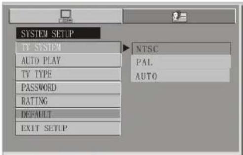 SYSTEM SETUP TV SYSTEM AUTO PLAY TV TYPE PASSWORD RATING DEFAULT EXIT SETUP NTSC PAL AUTO