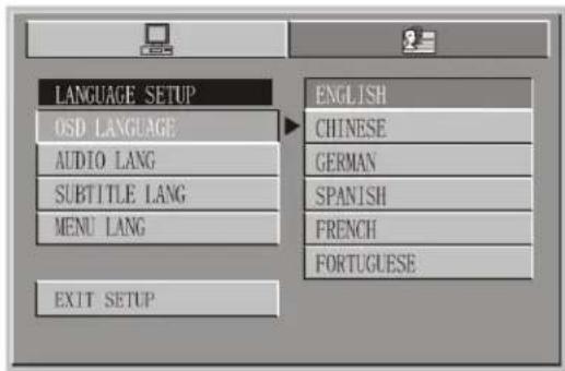 LANGUAGE SETUP OSD LANGUAGE AUDIO LANG SUBTITLE LANG MENU LANG EXIT SETUP ENGLISH CHINESE GERMAN SPANISH FRENCH FORTUGUESE