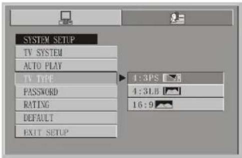 SYSTEM SETUP TV SYSTEM AUTO PLAY TV TYPE PASSWORD RATING DEFAULT EXIT SETUP 4:3PS 4:3LB 16:9
