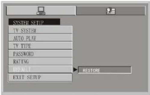 SYSTEM SETUP TV SYSTEM AUTO PLAY TV TYPE PASSWORD RATING DEFAULT EXIT SETUP RESTORE