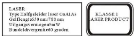 LASER Type Halfgeleider laser GaAlAs Golflengt650 nm/780 nm Uitgangsvermögen5mW Bundeldivergentie60 graden KLASSE 1 LASER PRODUCT
