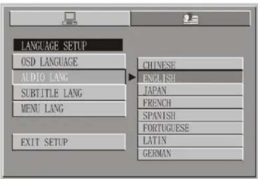 LANGUAGE SETUP OSD LANGUAGE AUDIO LANG SUBTITLE LANG MENU LANG EXIT SETUP CHINESE ENGLISH JAPAN FRENCH SPANISH FORTUGUESE LATIN GERMAN