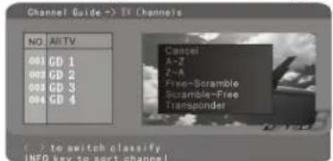 Channel Guide → TV Channels NO All TV 001 CD 1 002 CD 2 003 CD 3 004 CD 4 Cancel A-2 2-4 Free-Scramble Scramble-Free Transpondent to switch classify INFO key to sort channel!
