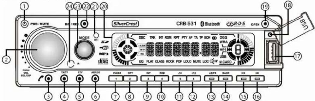 PWR / MUTE DIS / RES MODE MTI MP3 disc PASS VOLT BELOW TA/TP PTY APREQ FAUSE RPT INT RDM -10 +10 AS/PB BAND M4 M6 SilverCrest CRB-531 Bluetooth R-D-S OPEN OGG WMA MP3 USB M.CARD 19 18 17 20 21 22 23 24 25 26 27 28 29 30 31 32 33 34 35 36 37 38 39 40 41 42 43 44 45 46 47 48 49 50 51 52 53 54 55 56 57 58 59 60 61 62 63 64 65 66 67 68 69 70 71 72 73 74 75 76 77 78 79 80 81 82 83 84 85 86 87 88 89 90