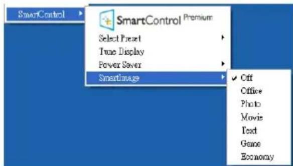 SmartControl SmartControl Premium Selecteer voorinstelling Tijdweergave Energiebesparing SmartImage ✓ Uit Kantoor Foto Film Tekst Spel Economie