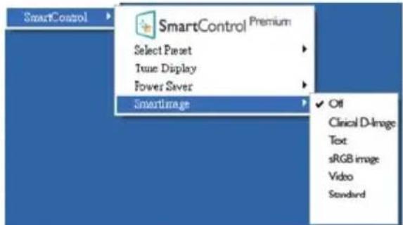 SmartControl SmartControl Premium Select Preset Time Display Power Saver SmartImage ✓ Off Clinical D-Image Text sRGB image Video Standard