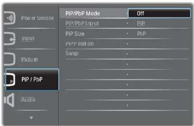 Power Sensor Input Picture PiP / PbP Audio PiP/PbP Mode Off PiP/PbP Input PiP PiP Size PbP PiP Position Swap