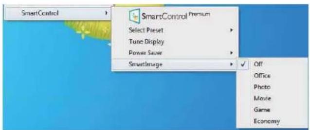 SmartControl Select Preset Tune Display Power Saver SmartImage Off Office Photo Movie Game Economy