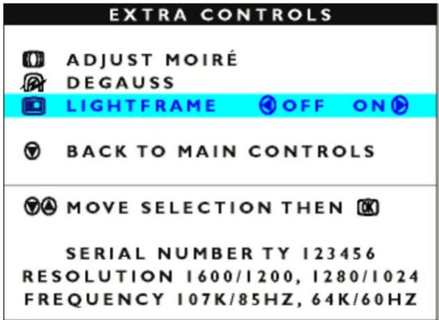 EXTRA BEDIENING MOIRÉ AANPASSEN DEGAUSS LIGHTFRAME UIT AAN TERUG NAAR HOOFDBEDIENING SELECTIE VERPLAATSEN EN SERIENUMMER TY 123456 RESOLUTIE 1600/1200, 1280/1024 FREQUENTIE 107K/85HZ, 64K/60HZ