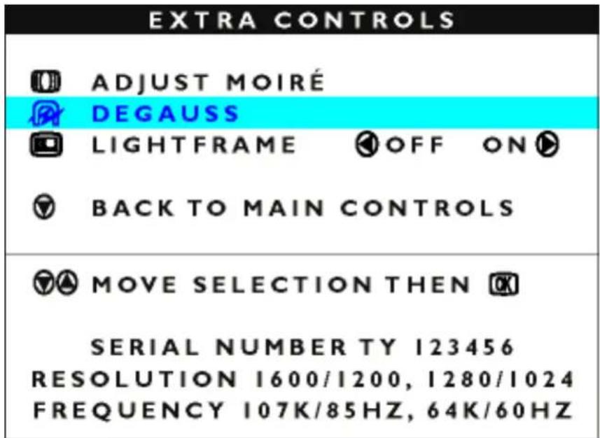 EXTRA BEDIENING MOIRÉ AANPASSEN DEGAUSS LIGHTFRAME UIT AAN TERUG NAAR HOOFDBEDIENING SELECTIE VERPLAATSEN EN SERIENUMMER TY 123456 RESOLUTIE 1600/1200, 1280/1024 FREQUENTIE 107K/85HZ, 64K/60HZ
