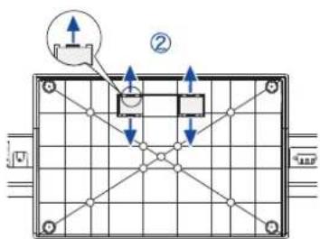 Technical diagram showing a grid layout with directional arrows and labeled components, likely illustrating a mechanical or electrical system.
