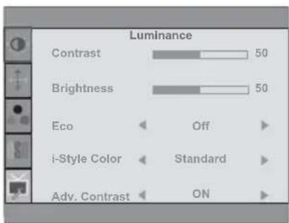 Luminance Contrast 50 Brightness 50 Eco Off i-Style Color Standard Adv. Contrast ON