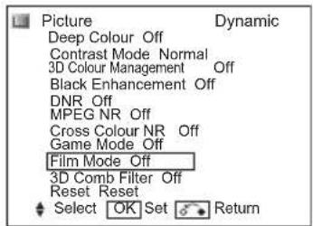 Picture Deep Colour Off Contrast Mode Normal 3D Colour Management Off Black Enhancement Off DNR Off MPEG NR Off Cross Colour NR Off Game Mode Off Film Mode Off 3D Comb Filter Off Reset Reset Select OK Set Return