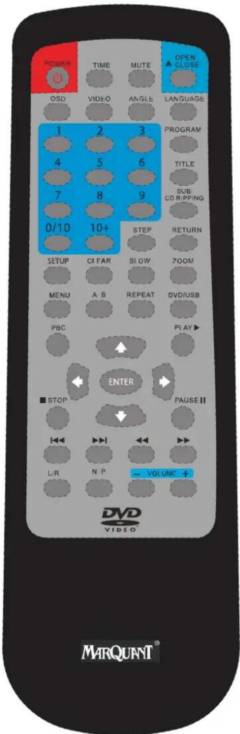 POWER TIME MUTE OPEN CLOSE OSD VIDEO ANGLE LANGUAGE 1 2 3 PROGRAM 4 5 6 TITLE 7 8 9 SUB CD RIPPING 0/10 10+ STEP RETURN SETUP CI FAR SI OW 700M MENU A B REPEAT DVD/USB PBC PLAY ENTER ■ STOP PAUSE II LIR N.P - VOLUME + DVD VIDEO MARQUINT®