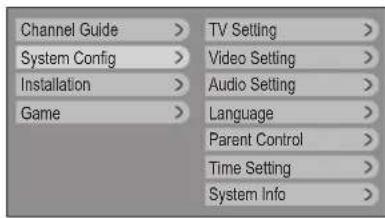 Channel Guide > System Config > Installation > Game > TV Setting > Video Setting > Audio Setting > Language > Parent Control > Time Setting > System Info >