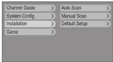 Channel Guide > System Config > Installation > Game ><|Auto Scan >| Manual Scan > Default Setup >