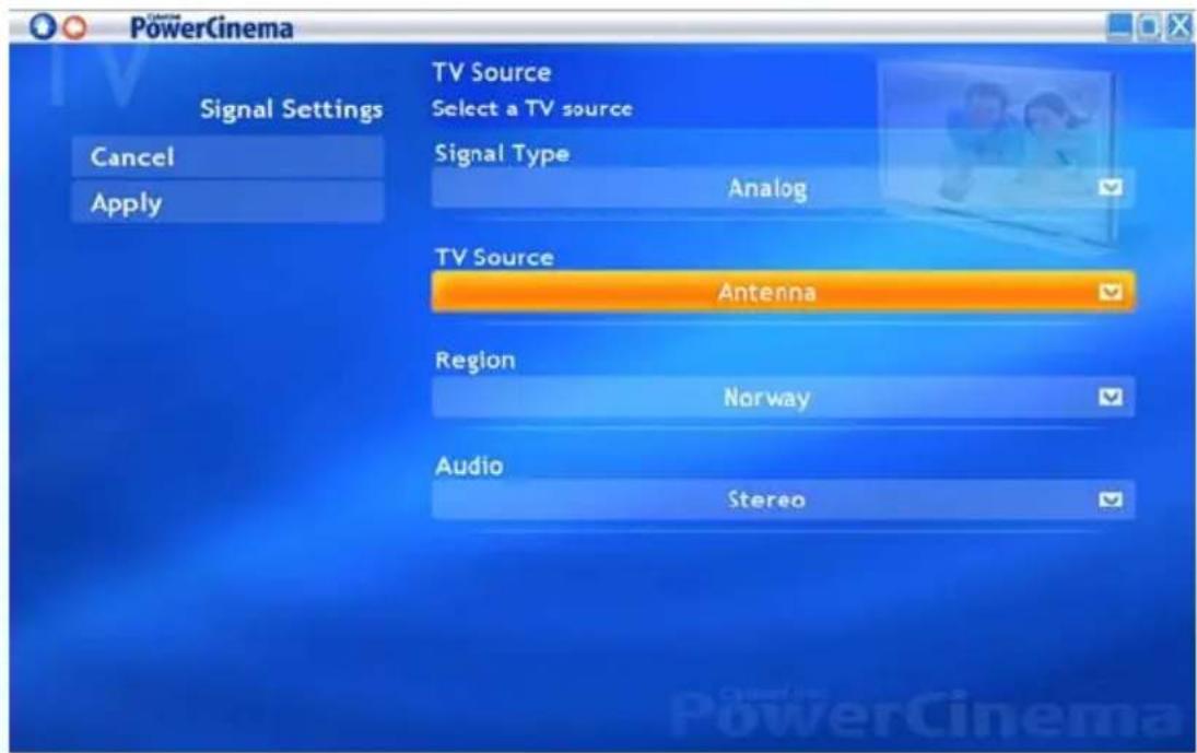 PowerCinema Signal Settings Cancel Apply TV Source Select a TV source Signal Type Analog TV Source Antenna Region Norway Audio Stereo