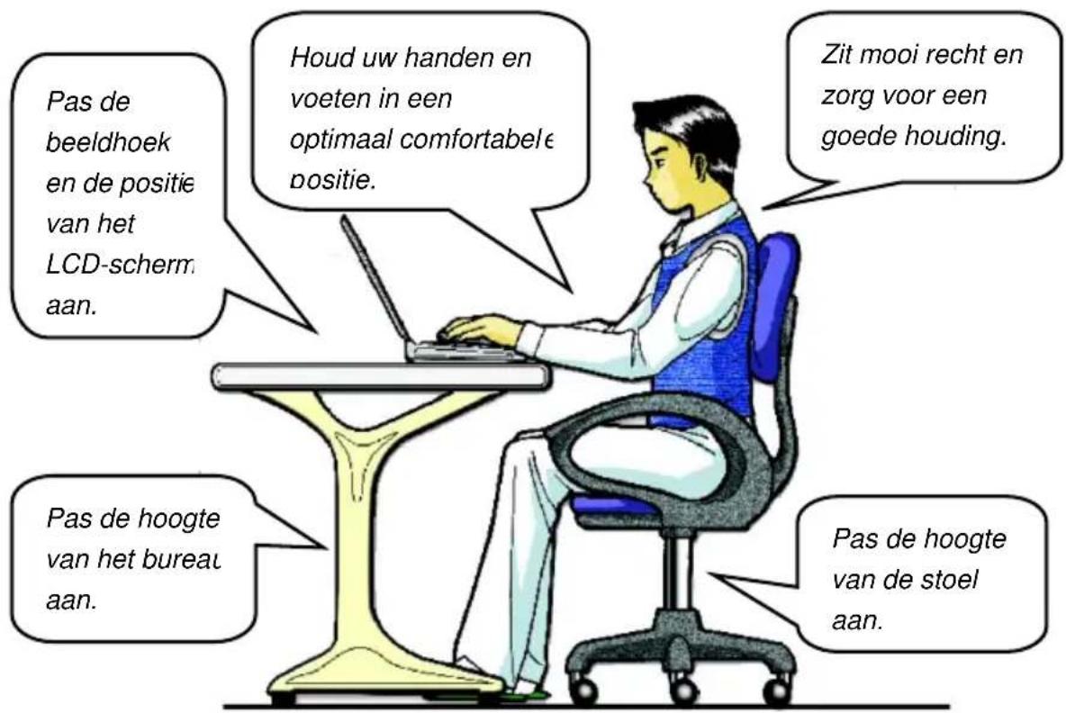 Pas de beeldhoek en de positie van het LCD-scherm aan. Houd uw handen en voeten in een optimaal comfortabele positie. Zit mooi recht en zorg voor een goede houding. Pas de hoogte van het bureau aan. Pas de hoogte van de stoel aan.