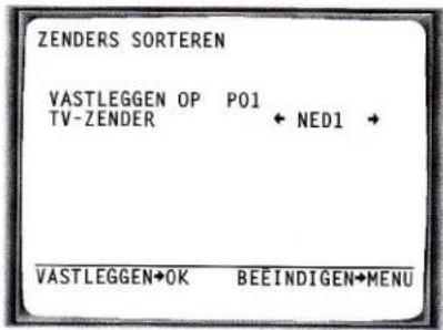 ZENDERS SORTEREN VASTLEGGEN OP P01 TV-ZENDER ← NED1 → VASTLEGGEN→OK BEEINDIGEN→MENU