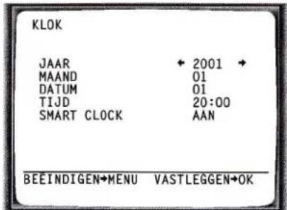 KLOK JAAR 2001 MAAND 01 DATUM 01 TIJD 20:00 SMART CLOCK AAN BEEINDIGEN→MENU VASTLEGGEN→OK