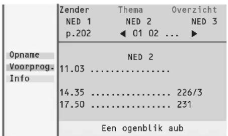 | Category | Value | |---|---| | Zender | Thema Overzicht | | NED 1 | NED 2 NED 3 | | p.202 | ◀ 01 02 ... ▶ | | Opname | NED 2 | | Voorprog. Info | 11.03 ...... 14.35 ...... 17.50 ...... Een ogenblik aub | | Overzicht | NED 2 | | Overzicht | NED 3 | | 226/3 | 226/3 | | 231 | 231 |