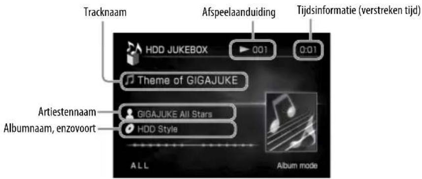 Tracknaam HDD JUKEBOX 0:01 Afspeelaanduiding 0:01 Tijdsinformatie (verstreken tijd) Theme of GIGAJUKE Artiestennaam GIGAJUKE All Stars Albumnaam, enzovoort HDD Style ALL Album mode
