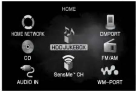 HOME HOME NETWORK CD AUDIO IN HDDJUKEBOX SensMe™ CH DMPORT FM/AM WM-PORT