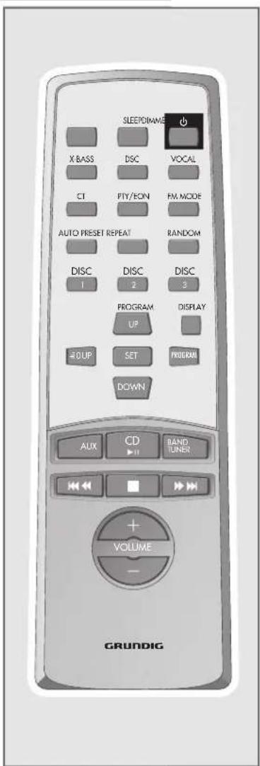SLEEPONAME X BASS DSC VOCAL CT PTY/ECON FM MODE AUTO PRESET REPEAT RANDOM DISC 1 DISC 2 DISC 3 PROGRAM UP DISPLAY YOUF SET PROGRAM DOWN AUX CD BAND TUNER + VOLUME - GRUNDIG