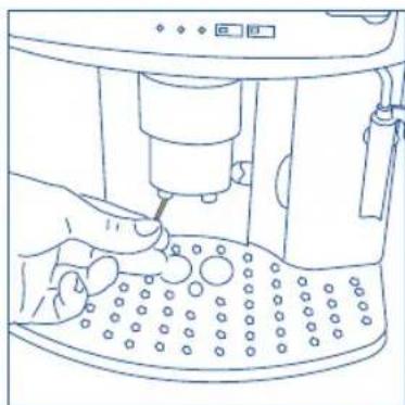Line drawing of a hand using a lathe machine to press or brush into a perforated surface (no text or symbols)