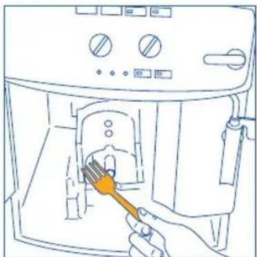 Line drawing of a hand using a tool to clean or store items inside a microwave oven (no text or symbols)