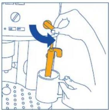 Illustration of a hand using a tool to adjust a yellow valve component in a kitchen setting (no text or symbols).