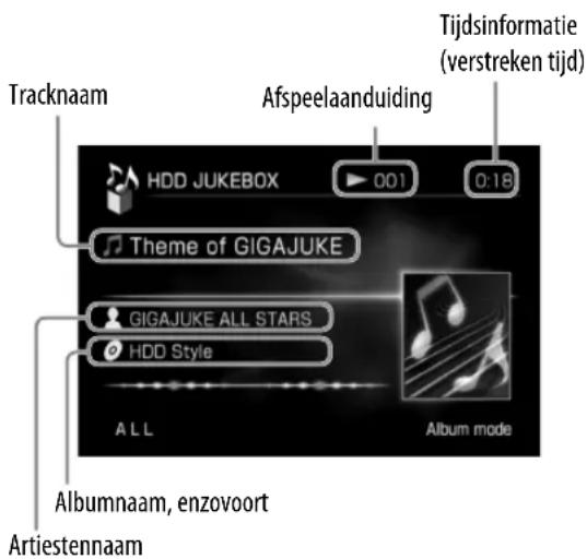 Tracknaam Afspeelaanduiding Tijdsinformatie (verstreken tijd) HDD JUKEBOX 001 0:18 Theme of GIGAJUKE GIGAJUKE ALL STARS HDD Style ALL Album mode Albumnaam, enzovoort Artiestennaam