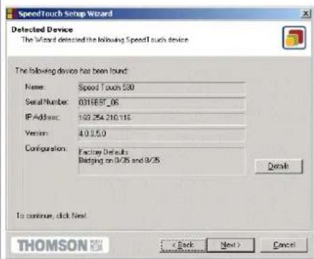 THOMSON Speedtouch 530 - 5De wizard Setup gaat door met het zoeken naar de SpeedTouch™ op het netwerk. In het volgende venster wordt de voortgang van de detectie weergegeven: - 2