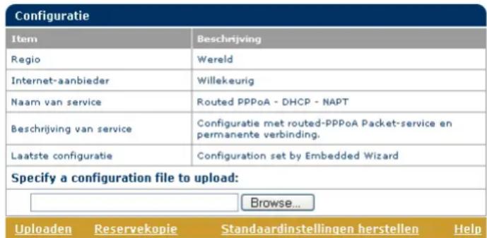 Configuratie Item Beschrijving Regio Wereld Internet-aanbieder Willekeurig Naam van service Routed PPPoA - DHCP - NAPT Beschrijving van service Configuratie met routed-PPPoA Packet-service en permanente verbinding. Laatste configuratie Configuratie ingesteld door Embedded Wizard Specificeer een conf…