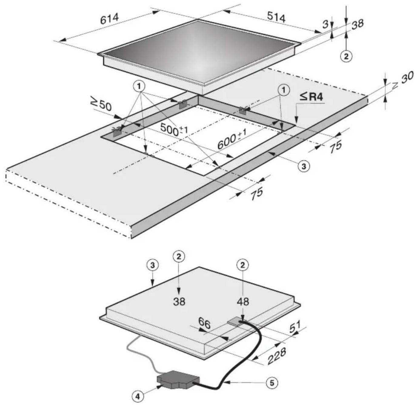 614 514 3 38 ② ≥50 ① ≤R4 500±1 600±1 75 30 75 ③ ④ 38 48 66 51 228 ⑤