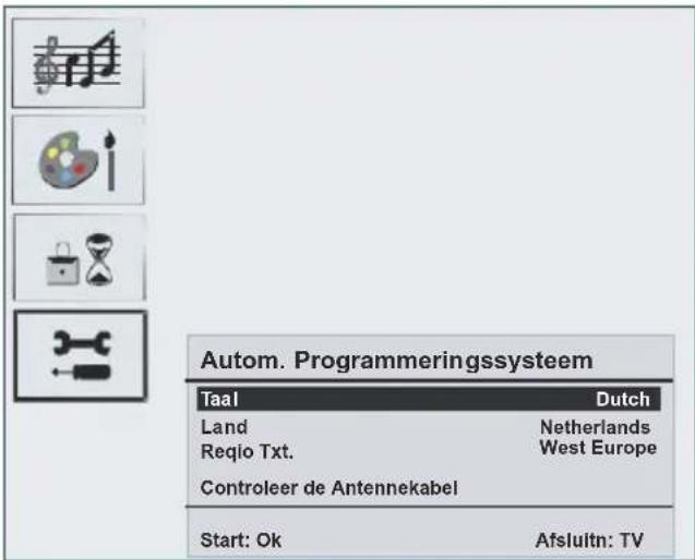 Autom. Programmeringsysteem Taal Dutch Land Netherlands Reqio Txt. West Europe Controleer de Antennekabel Start: Ok Afsluitn: TV